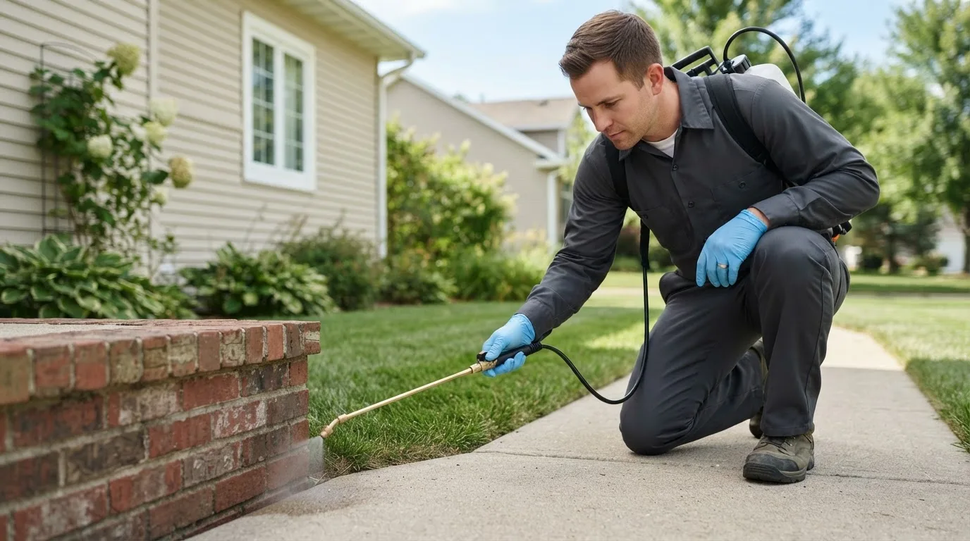Pest control technician treating a home near Weston, MI
