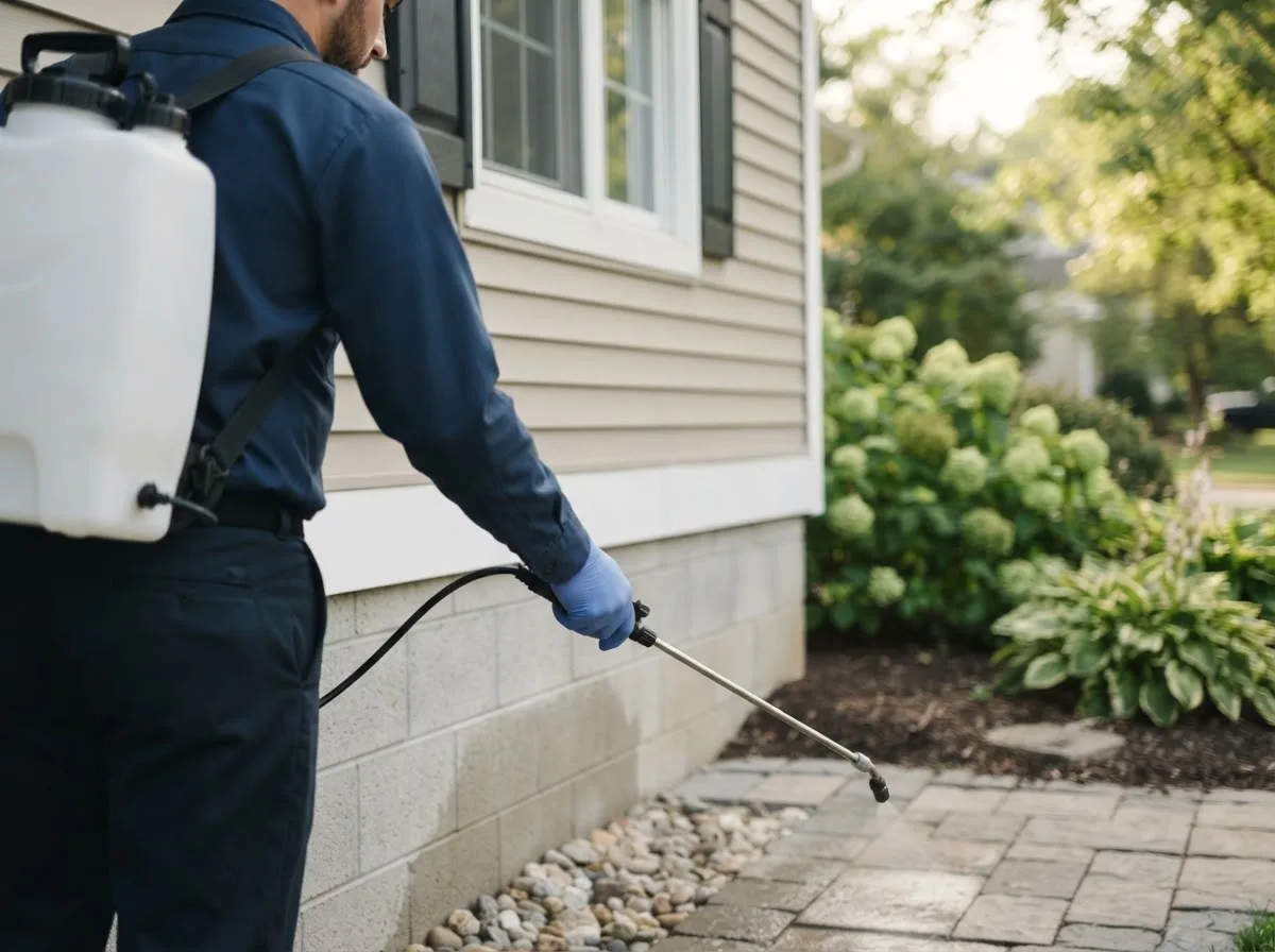 Pest control technician inspecting a home in Weston, MI
